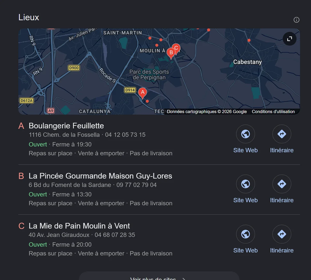 Résultats Google pour boulangerie à Perpignan avec les trois fiches du pack local