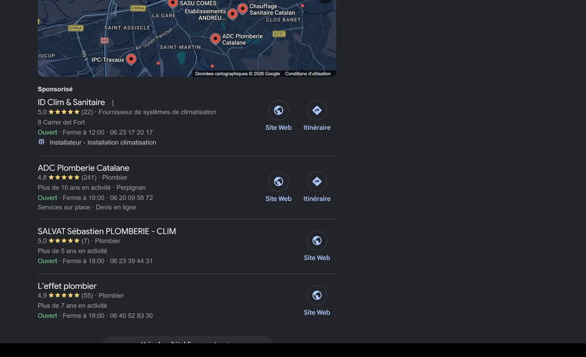 Résultats Google pour plombier à Perpignan avec le pack local des trois fiches