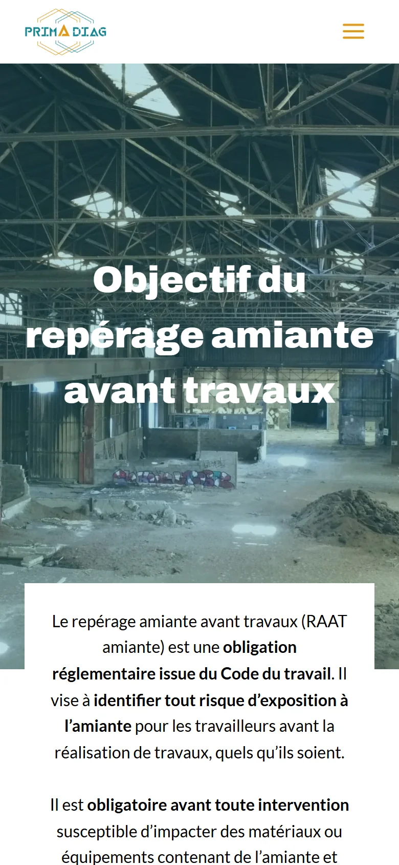 Page repérage amiante avant travaux de Prima Diag sur téléphone