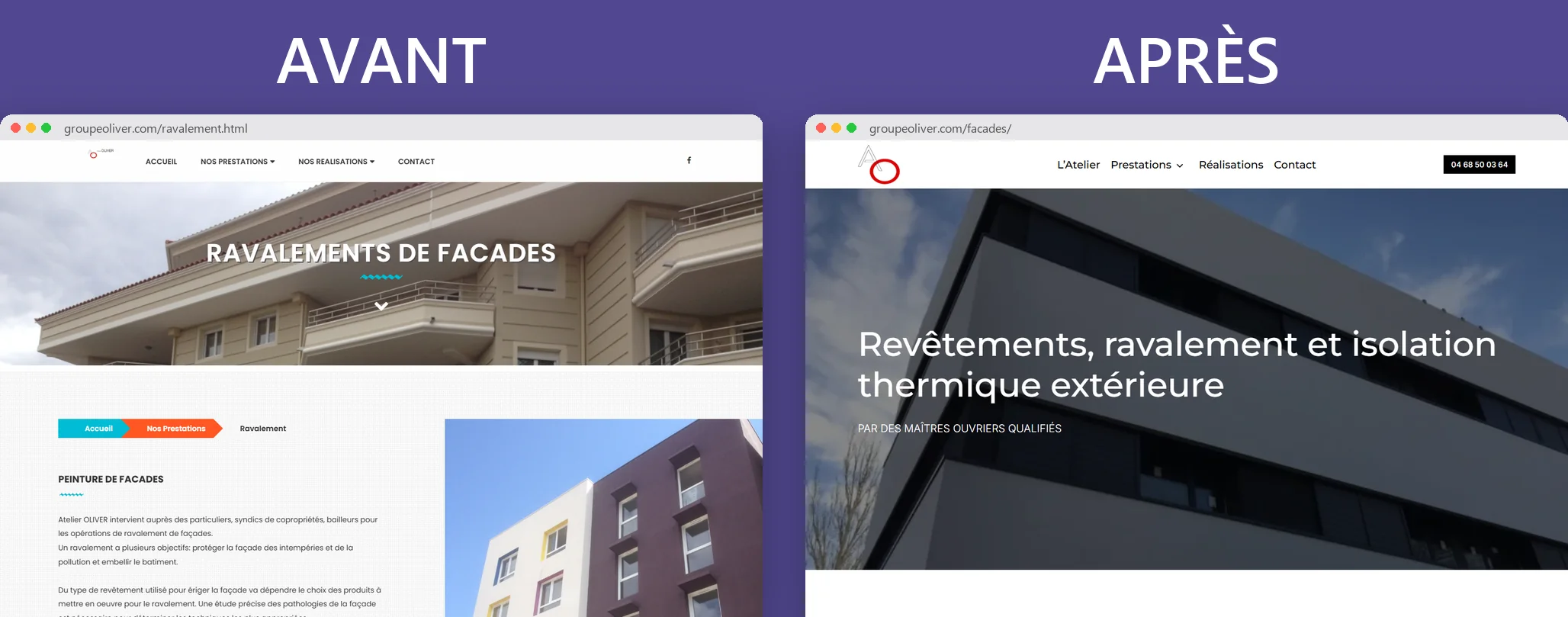 Avant et après : l'ancienne page Ravalement et la nouvelle page Façades d'Atelier Oliver