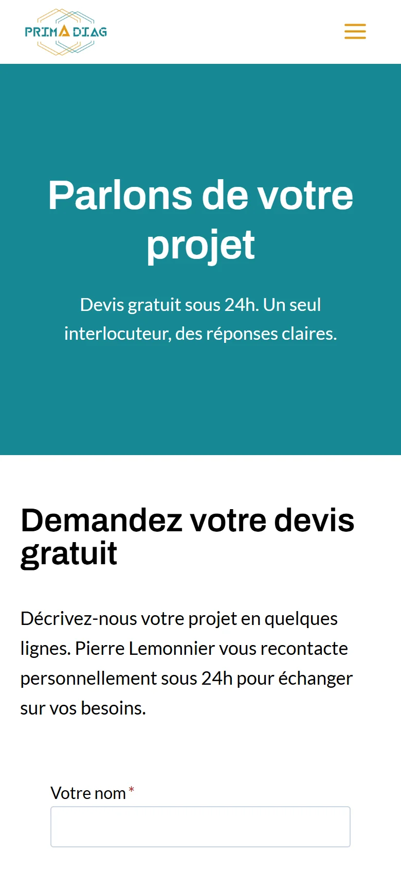 Demande de devis de Prima Diag sur téléphone