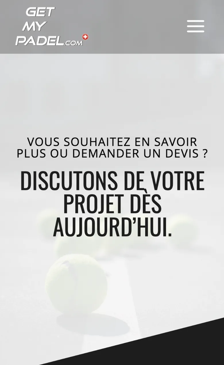 Page de contact de GetMyPadel sur téléphone : « Discutons de votre projet dès aujourd'hui »