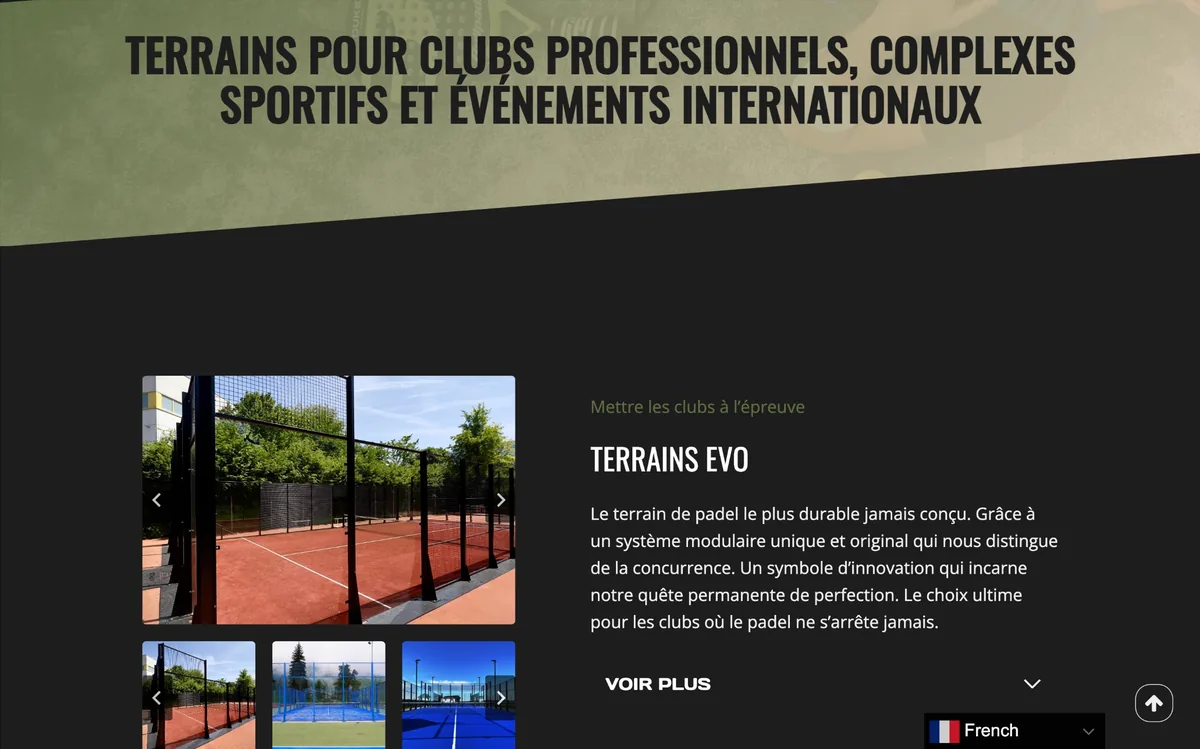 Page des terrains Padeltech de GetMyPadel : le modèle Evo, sa description et sa galerie de chantiers