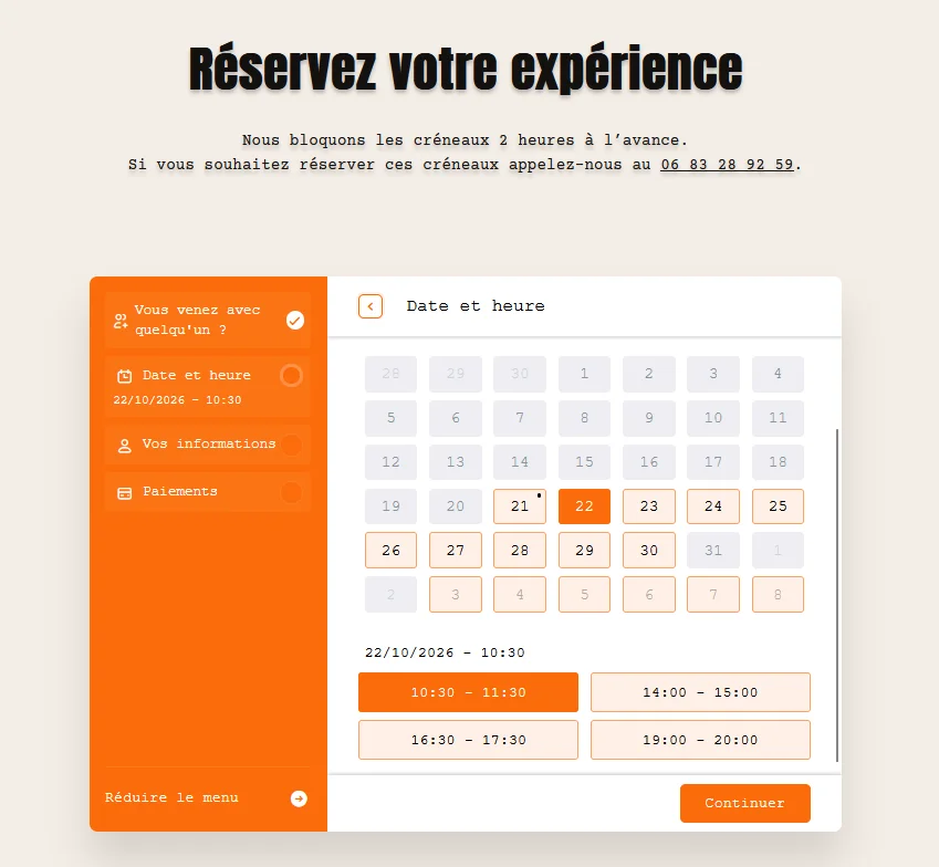 Module de réservation en ligne de l'escape game La Bouriotte avec calendrier et créneaux