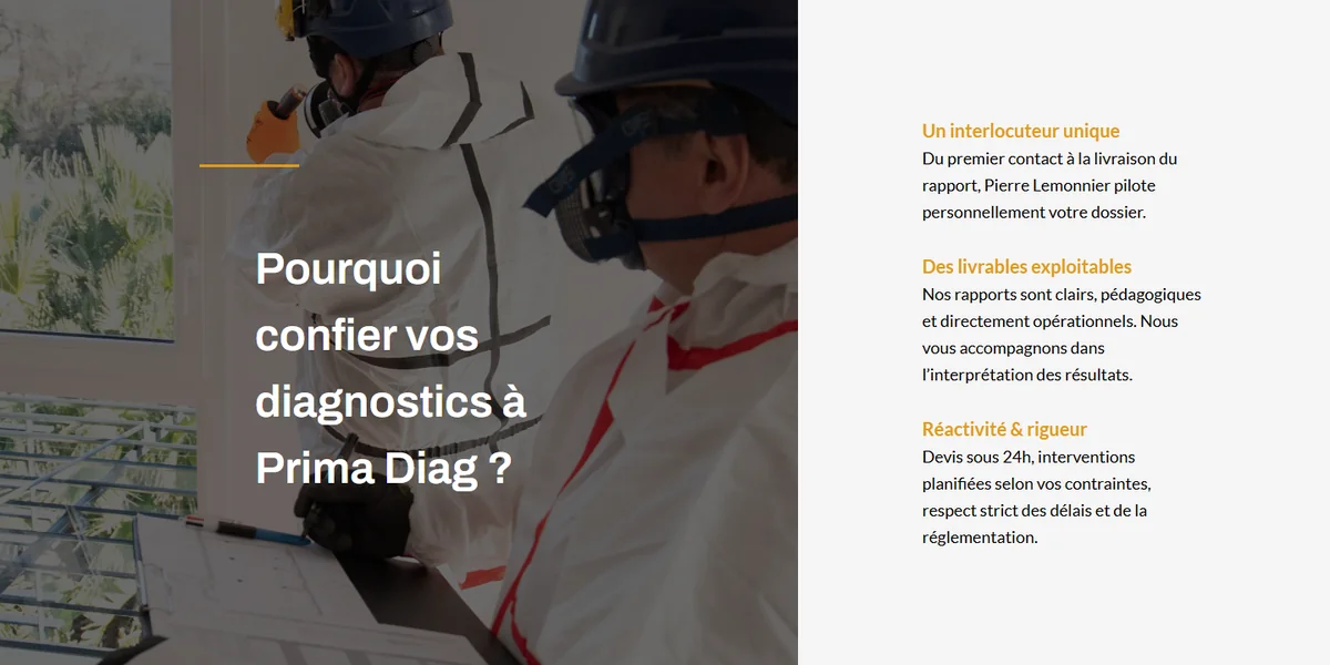 Section « Pourquoi confier vos diagnostics à Prima Diag ? » du site