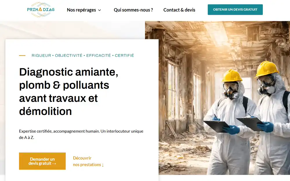 Défilement du site de Prima Diag : accueil, amiante avant travaux, à propos