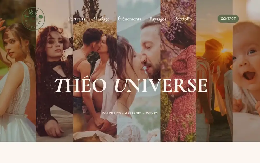 Défilement du site de Théo Universe : accueil, portraits, mariage